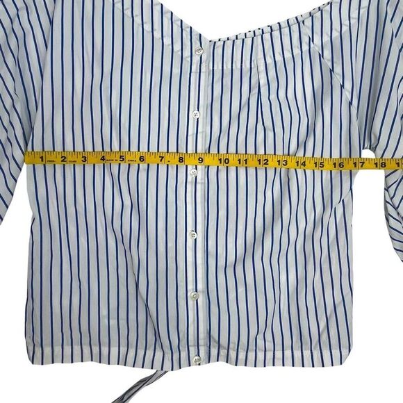Frame Womens Striped Asymmetrical Off-Shoulder Cut-out Blouse Blue White Small - Picture 6 of 14